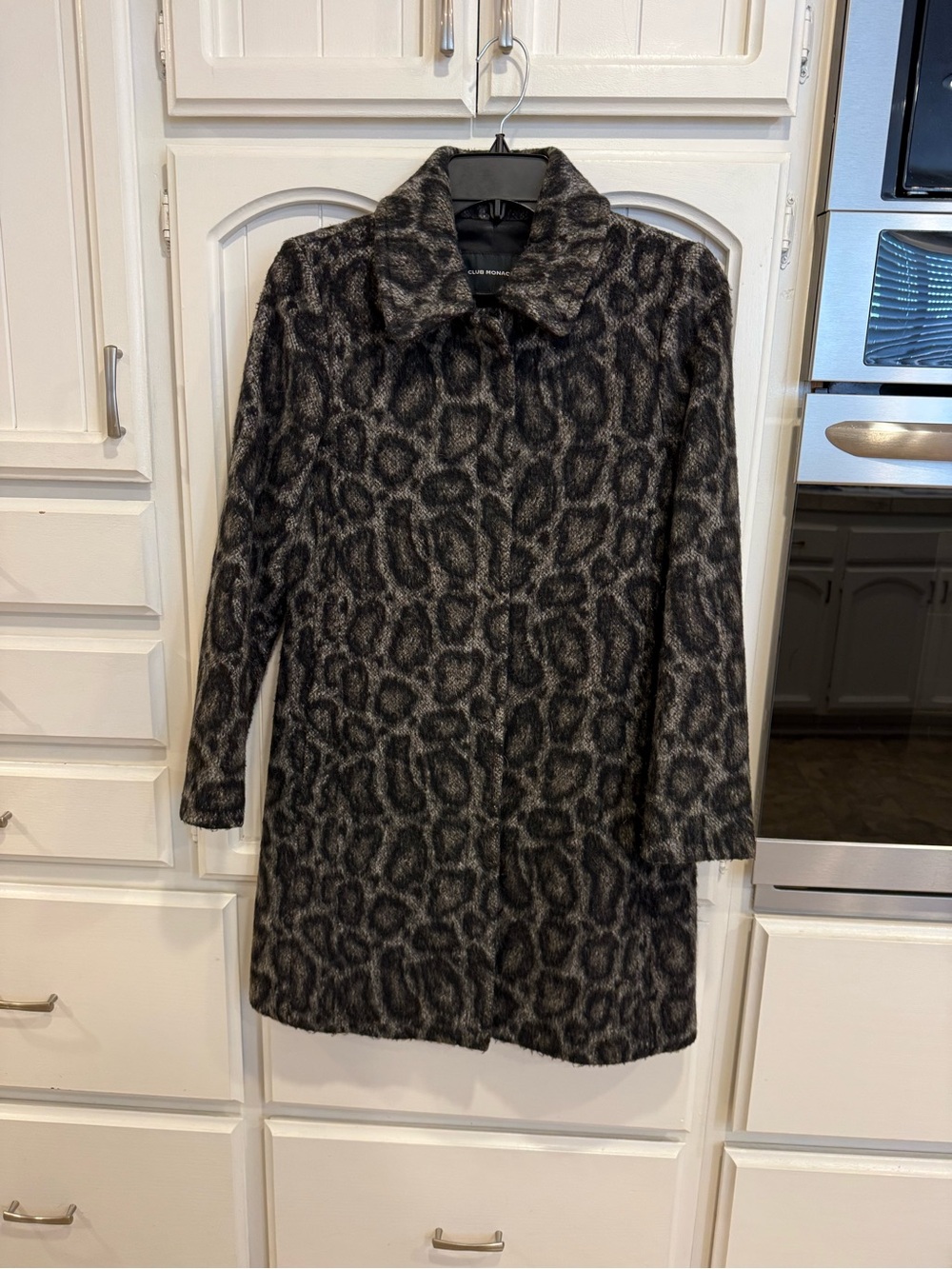 Club Monaco Leopard-Print Zip Down Pea Coat - Charcoal Black & Gray | Size: XS